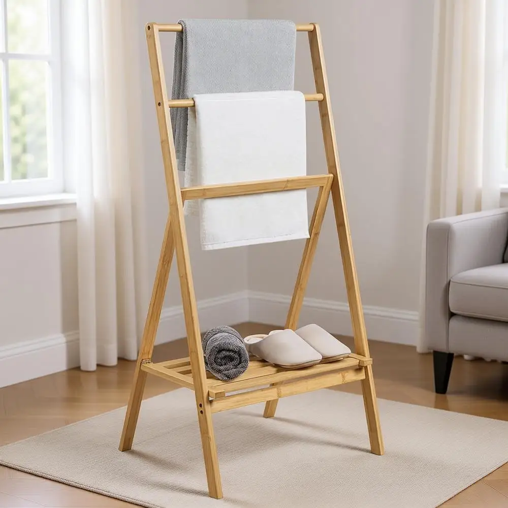 43 Bamboo Standing Towel Rack with Storage Shelf for Blanket and Towel Drying, Light Brown Bathroom Accessory
43 Bamboo Standing Towel Rack with Storage Shelf for Blanket and Towel Drying, Light Brown Bathroom Accessory