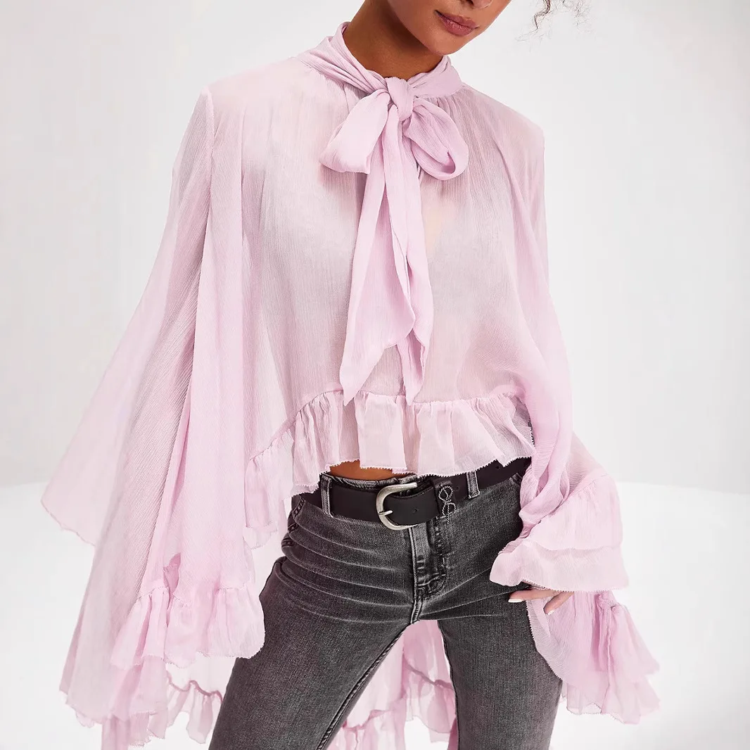 Women Chic Irregular Ruffled Hem Cape Top Bow Tied Neck Shirts Solid Color See Through Loose Fit Long Sleeve Blouses
Women Chic Irregular Ruffled Hem Cape Top Bow Tied Neck Shirts Solid Color See Through Loose Fit Long Sleeve Blouses