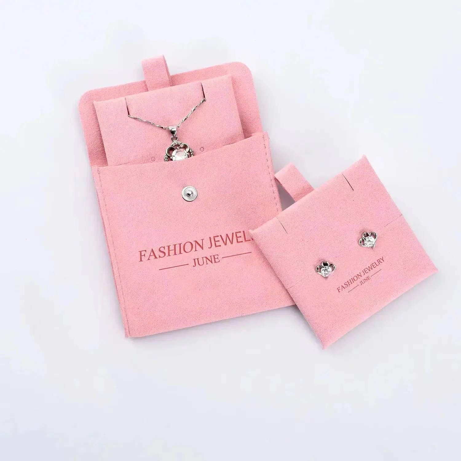 Pink Personalized Logo Microfiber Snap Button Bag with Earrings Card Jewelry Package Gift Bag with Necklace Display Pad/Card
Pink Personalized Logo Microfiber Snap Button Bag with Earrings Card Jewelry Package Gift Bag with Necklace Display Pad/Card