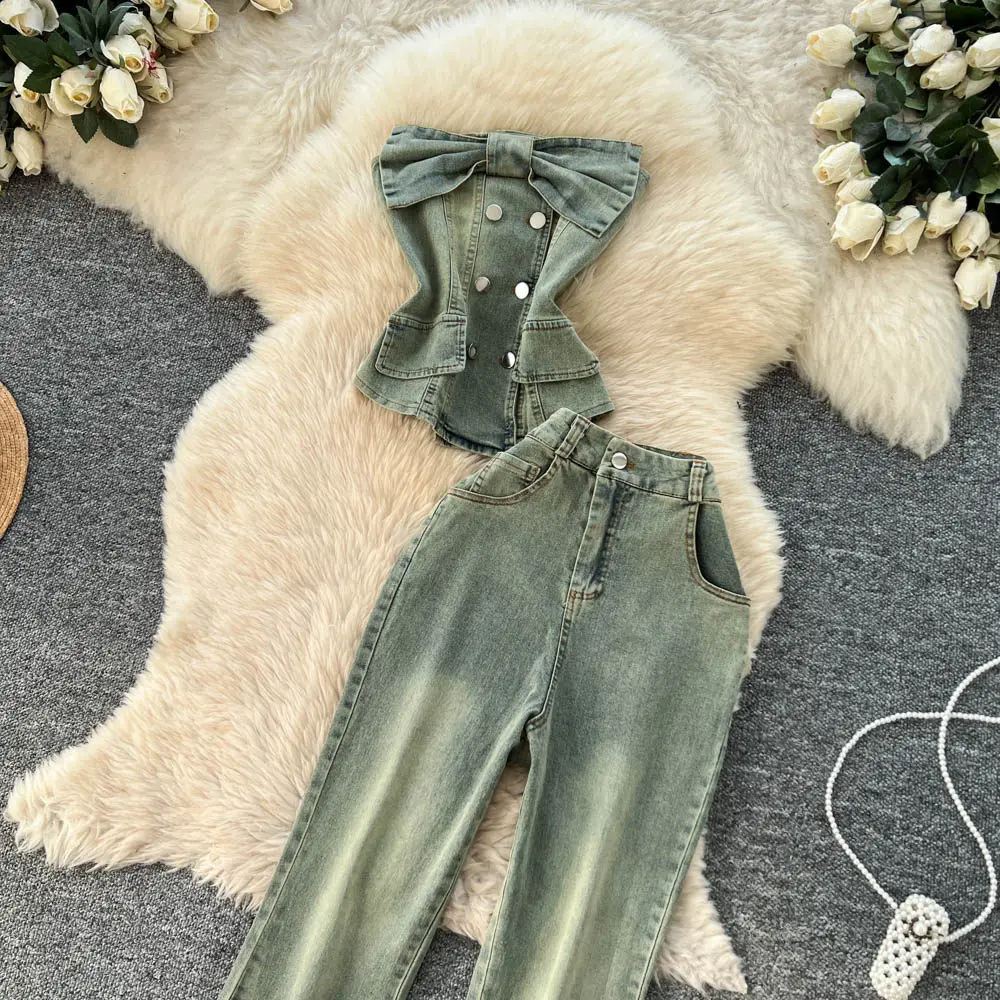 American Style Slim Denim Sets Women New Distressed Bow Strapless Tops Flare Jeans Summer Retro Spicy Girls Fashion Pants Suits
American Style Slim Denim Sets Women New Distressed Bow Strapless Tops Flare Jeans Summer Retro Spicy Girls Fashion Pants Suits