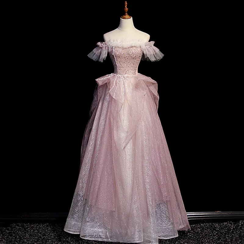 Sequins Boat Neck Pink Evening Dress Elegant Short Sleeves Pleat Floor Length A-Line Tulle Plus Size Women party Dresses B2505
Sequins Boat Neck Pink Evening Dress Elegant Short Sleeves Pleat Floor Length A-Line Tulle Plus Size Women party Dresses B2505