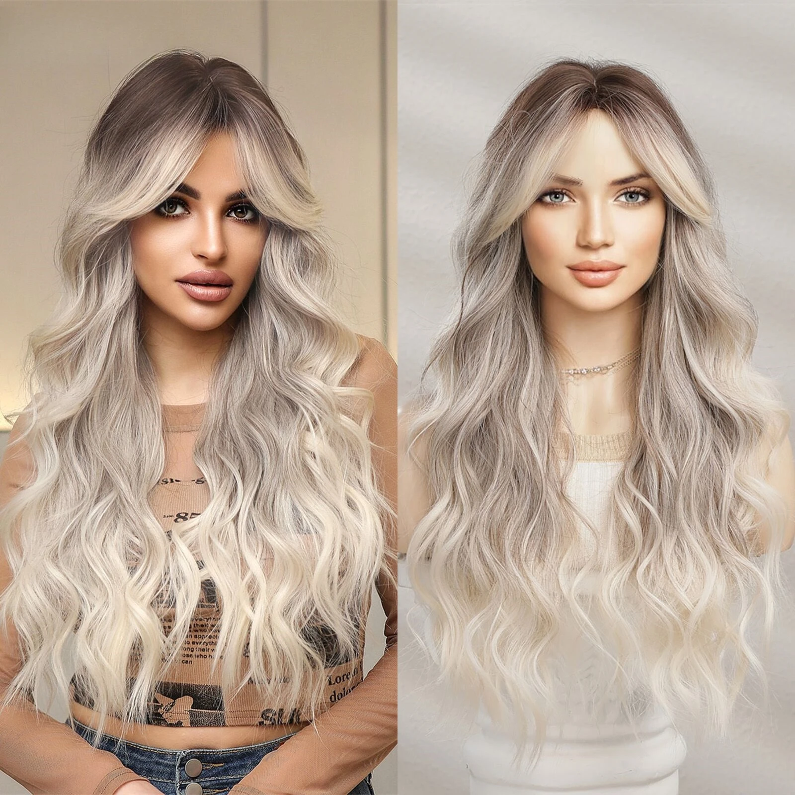 European and American full head synthetic wig with long curly hair, eight-character bangs, natural golden brown to gray gradient
European and American full head synthetic wig with long curly hair, eight-character bangs, natural golden brown to gray gradient