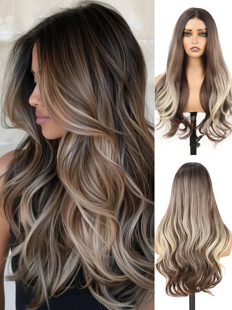 Pre-cut lace glue-free wig, synthetic lace front, wavy gradient brown wig, women's center part, 26 inches
Pre-cut lace glue-free wig, synthetic lace front, wavy gradient brown wig, women's center part, 26 inches