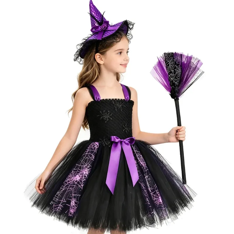 Shiny Black and Purple Witch Dress for Little Girls, Kids Halloween Tulle Tutu Dress with Broom Headband, Festival Party Costume
Shiny Black and Purple Witch Dress for Little Girls, Kids Halloween Tulle Tutu Dress with Broom Headband, Festival Party Costume