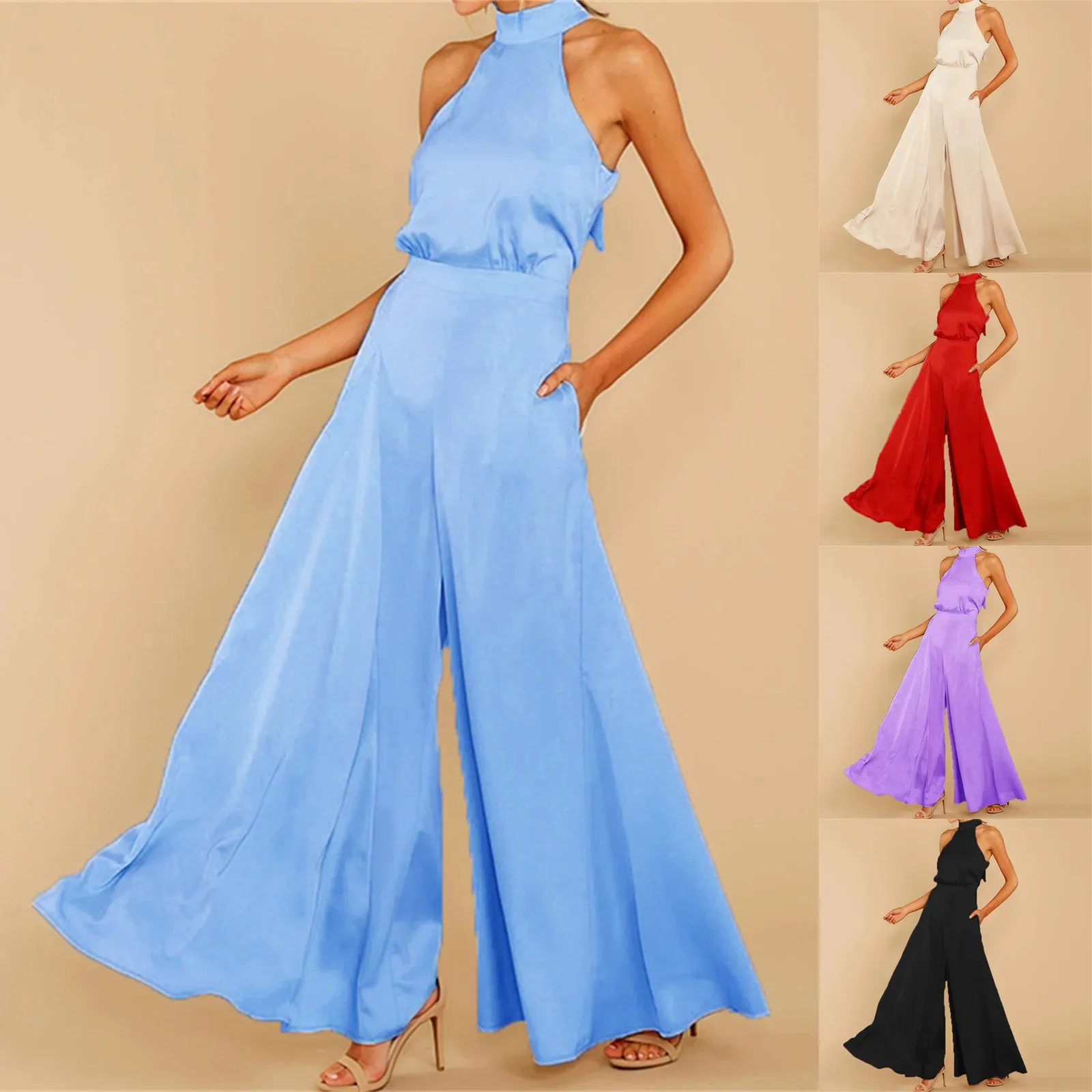 Ladies Wide Leg Satin Jumpsuit High Waist Sleeveless Halter Rompers Solid Color Casual Playsuits Summer Elegant Female Jumpsuit
Ladies Wide Leg Satin Jumpsuit High Waist Sleeveless Halter Rompers Solid Color Casual Playsuits Summer Elegant Female Jumpsuit