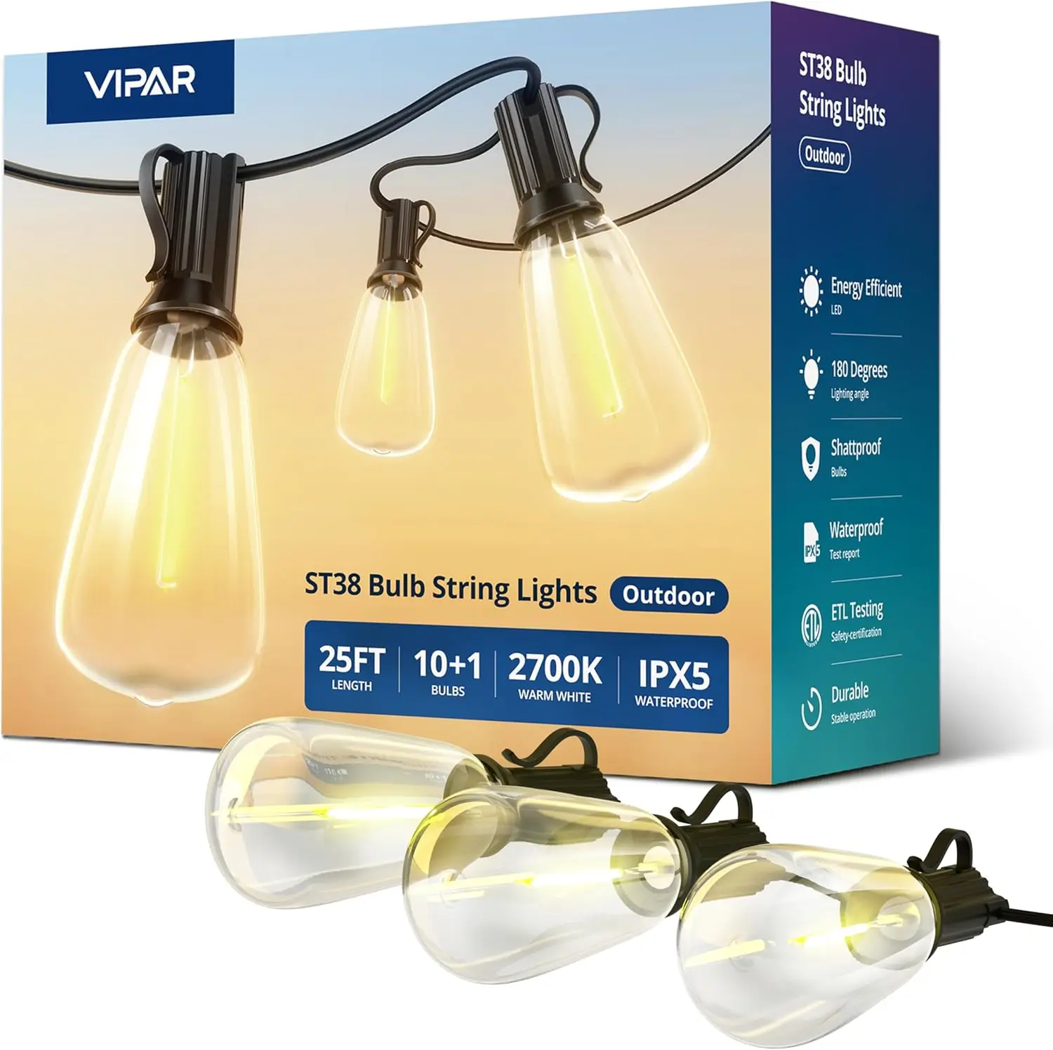 Outdoor String Lights 25FT LED Patio Lights IPX5 Waterproof with 10+1 ST38 Shatterproof Edison Bulbs, 2700K Connectable Outside Hanging Light for Porch, Garden, Backyard, Deck, Balcony, Decor
Outdoor String Lights 25FT LED Patio Lights IPX5 Waterproof with 10+1 ST38 Shatterproof Edison Bulbs, 2700K Connectable Outside Hanging Light for Porch, Garden, Backyard, Deck, Balcony, Decor