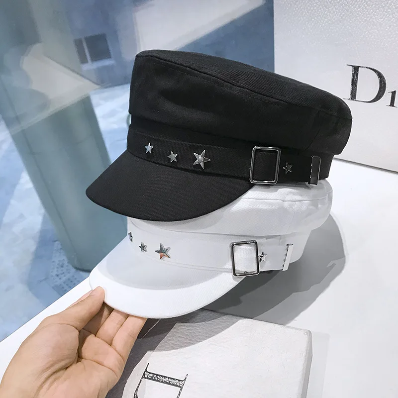 Designer Belt Buckle Cotton Militray Hat Fashion Women Stars Flat Top Cap Casual Gorras Visor Newsboy Caps Streetwear Navy Hat
Designer Belt Buckle Cotton Militray Hat Fashion Women Stars Flat Top Cap Casual Gorras Visor Newsboy Caps Streetwear Navy Hat