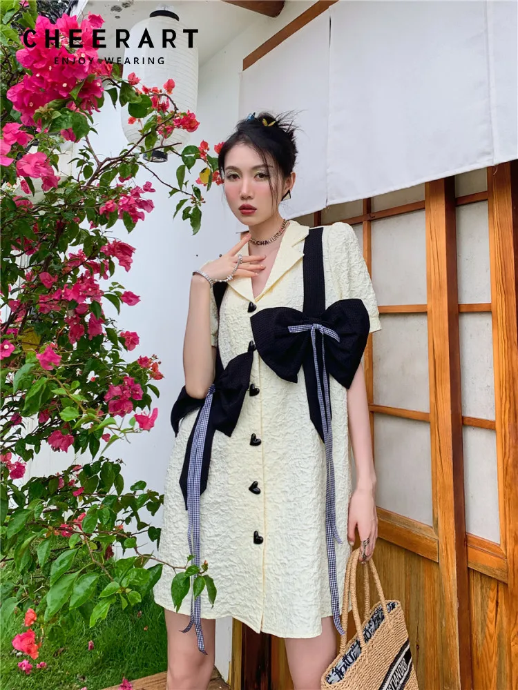 CHEERART Yellow Texture Korean Fashion Blazer Dress Women Summer Puff Sleeve Bow Kawaii Cute Mini Shirt Dress Designer
CHEERART Yellow Texture Korean Fashion Blazer Dress Women Summer Puff Sleeve Bow Kawaii Cute Mini Shirt Dress Designer
