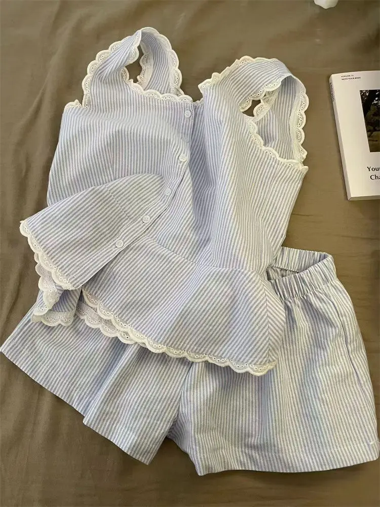 Women's Pajamas Set Sleepwear Summer 2 PCS Short Sleeve Tops and Shorts Soft Striped Printing Homewear Outfits Sweet 2025 Lace
Women's Pajamas Set Sleepwear Summer 2 PCS Short Sleeve Tops and Shorts Soft Striped Printing Homewear Outfits Sweet 2025 Lace