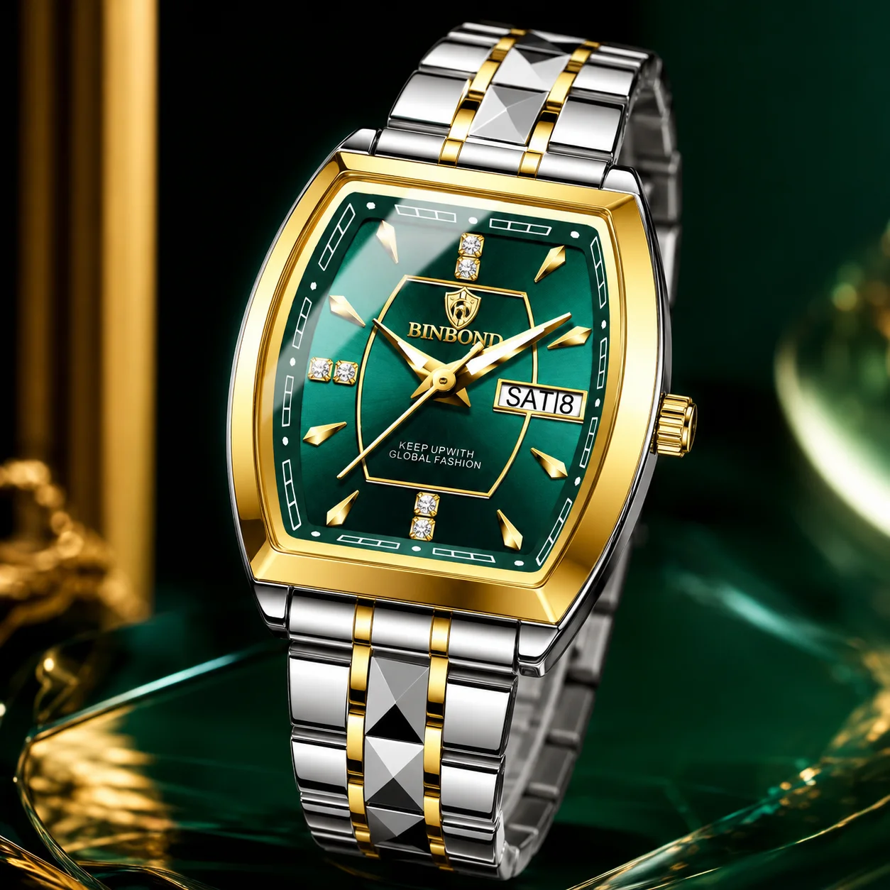 Women's Quartz Watch, Green Tonneau Dial, Two-Tone Metal Bracelet, Day Date Display, Fashion Wristwatch
Women's Quartz Watch, Green Tonneau Dial, Two-Tone Metal Bracelet, Day Date Display, Fashion Wristwatch