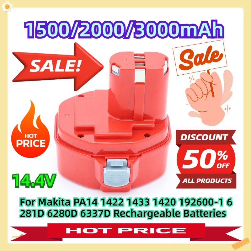 For Makita PA14 1422 1433 1420 192600-1 6281D 6280D 6337D Rechargeable Batteries 14.4V 3000mAh
For Makita PA14 1422 1433 1420 192600-1 6281D 6280D 6337D Rechargeable Batteries 14.4V 3000mAh