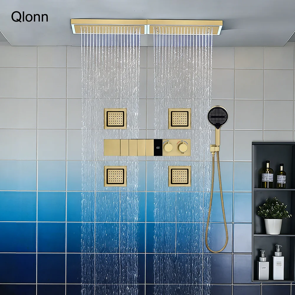 Элитный золотой душевой набор Qlonn 800*200 мм с LED-подсветкой, душевой лейкой-тропическим душем, умным цифровым дисплеем, термостатическим переключателем, гидромассажными форсунками SPA
Элитный золотой душевой набор Qlonn 800*200 мм с LED-подсветкой, душевой лейкой-тропическим душем, умным цифровым дисплеем, термостатическим переключателем, гидромассажными форсунками SPA