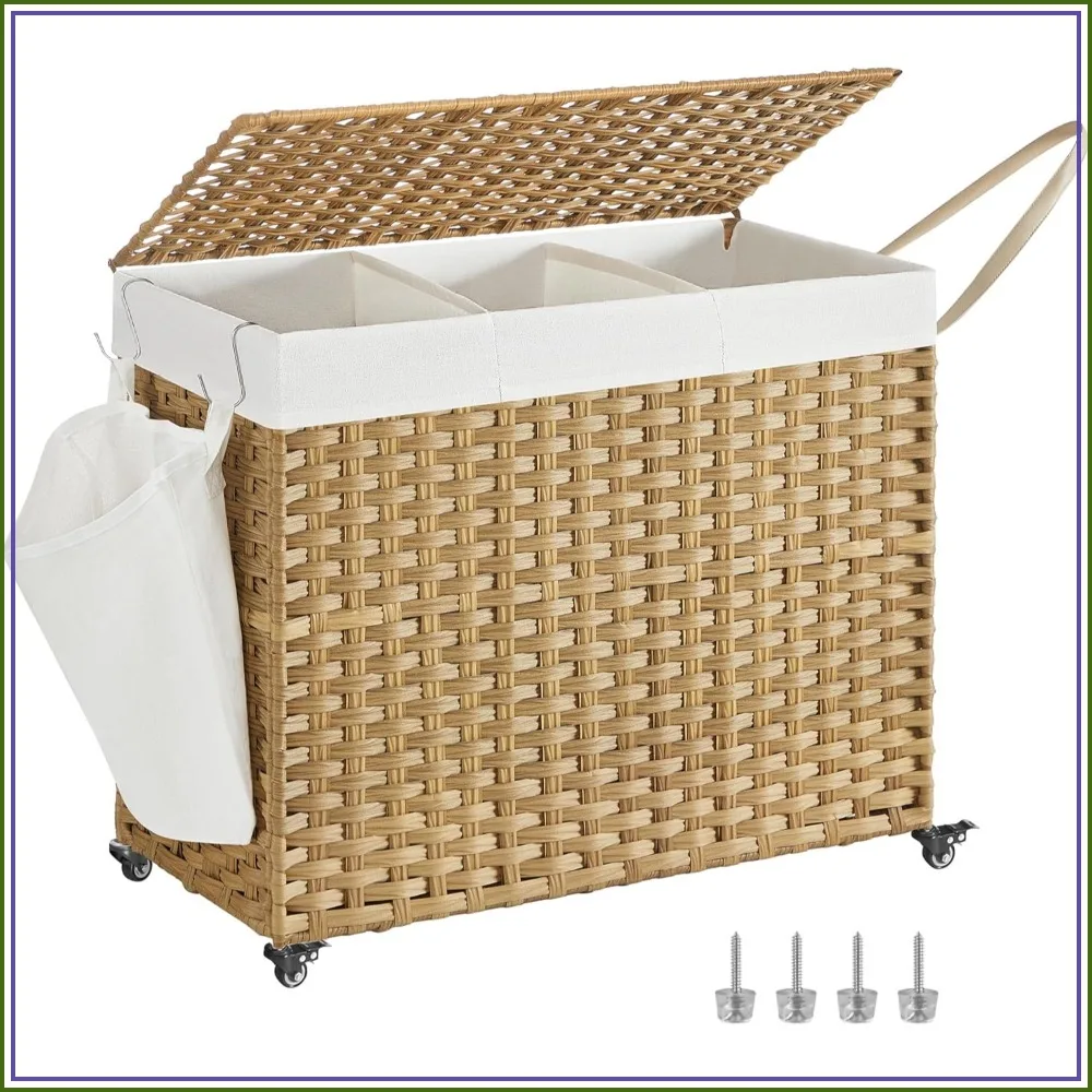 42.3 Gal Rolling Laundry Hamper with Lid, 3-Section Rattan Basket on Wheels, Removable Liner, 29.9x13x26 Inches
42.3 Gal Rolling Laundry Hamper with Lid, 3-Section Rattan Basket on Wheels, Removable Liner, 29.9x13x26 Inches