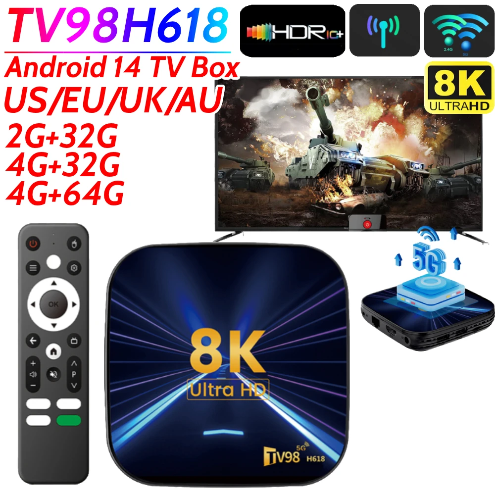 TV98H618 Android 14 Smart TV Box 8K HD Media Player 2GB/4GB 16GB/64GB 2.4G/5G Dual WiFi Set Top Box Android Box with Remote
TV98H618 Android 14 Smart TV Box 8K HD Media Player 2GB/4GB 16GB/64GB 2.4G/5G Dual WiFi Set Top Box Android Box with Remote