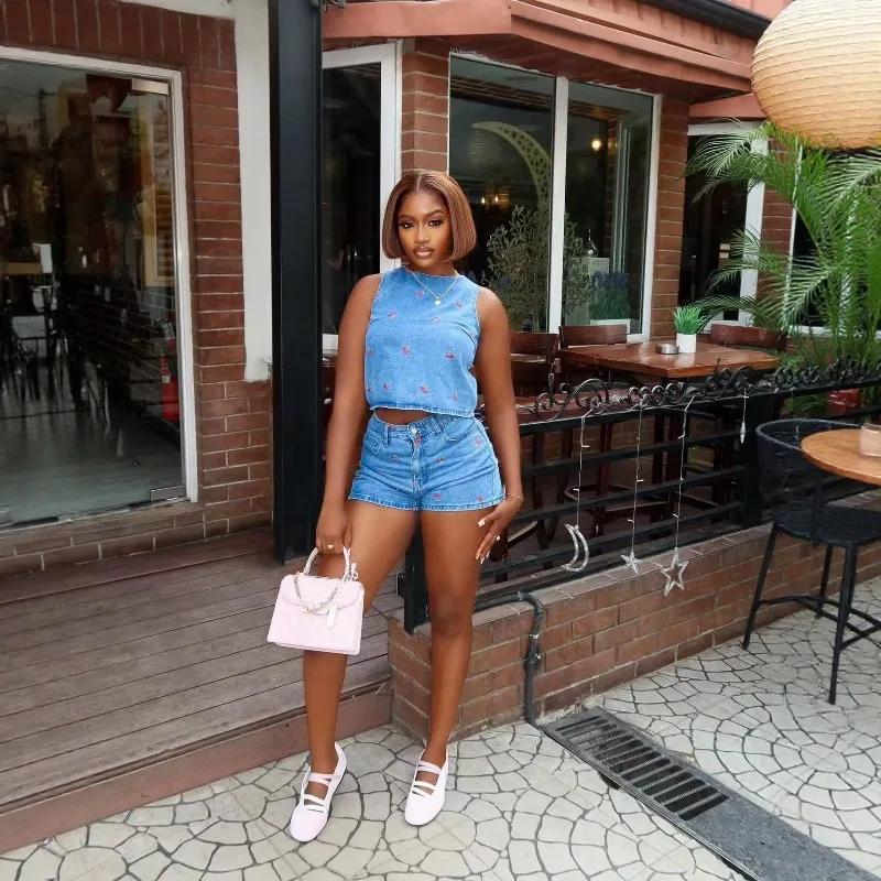 Chic Y2K Cherry Embroidered Denim Set for Women, Sleeveless Crop Top + High Waist Shorts, Trendy Summer 2026 Casual Streetwear
Chic Y2K Cherry Embroidered Denim Set for Women, Sleeveless Crop Top + High Waist Shorts, Trendy Summer 2026 Casual Streetwear