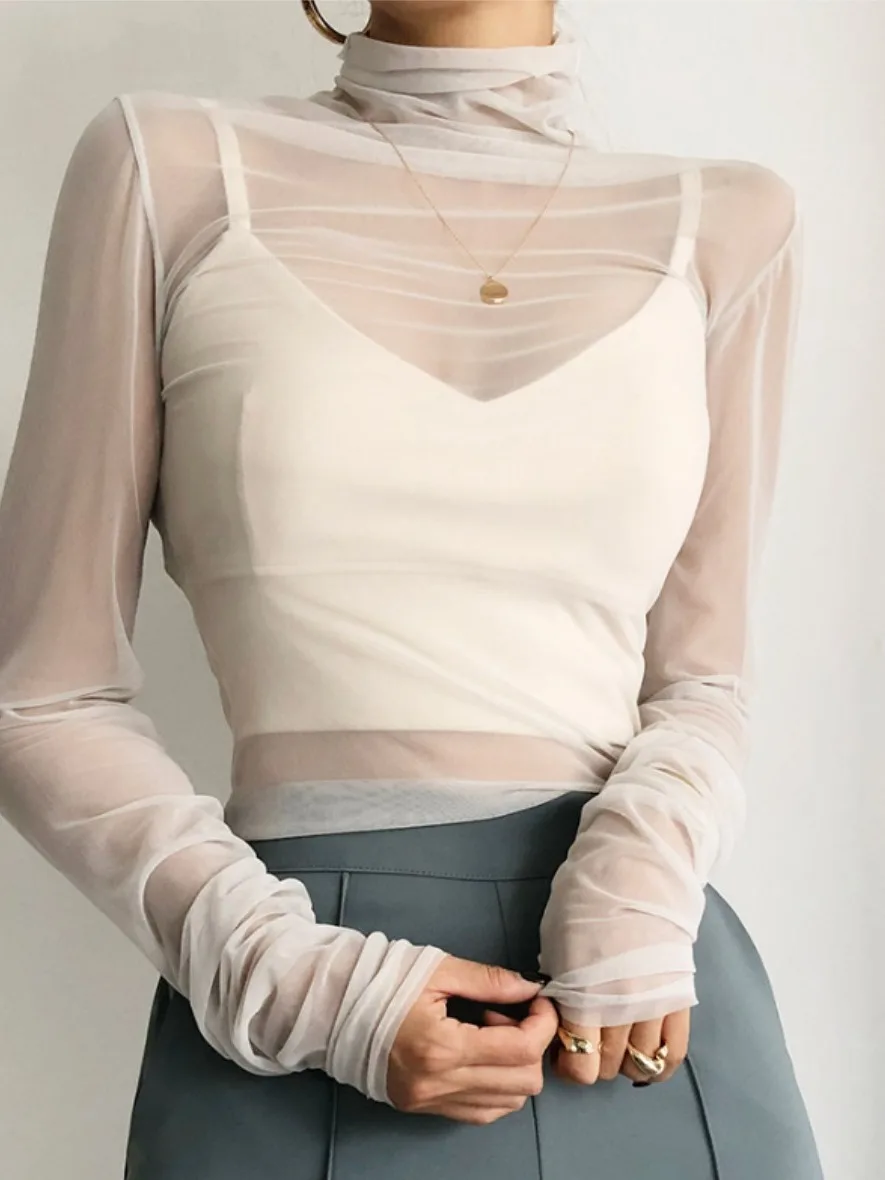 Slimming High Collar Mesh Design Long Sleeve Base Shirt Women's Autumn Sexy See through Commute Style Inner Wear Casual Shirt
Slimming High Collar Mesh Design Long Sleeve Base Shirt Women's Autumn Sexy See through Commute Style Inner Wear Casual Shirt