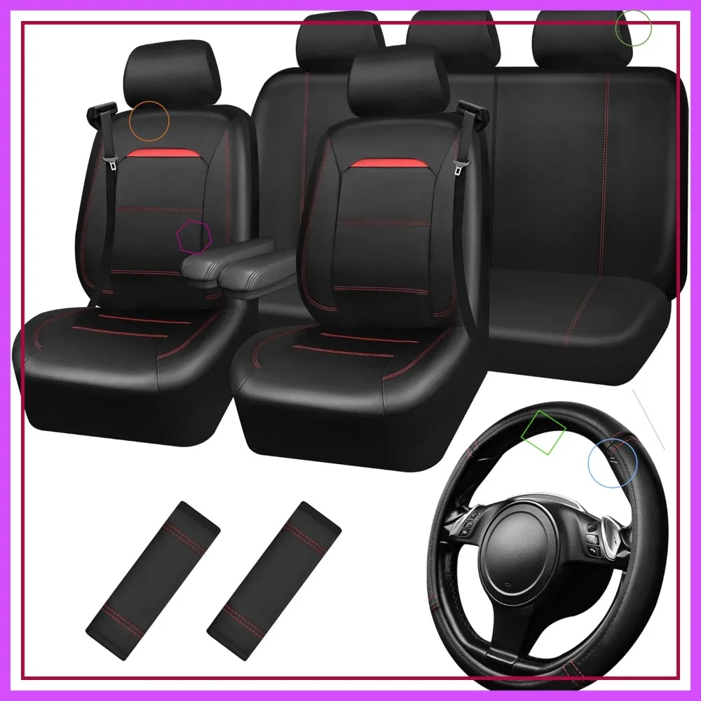 Leather Car Seat Cover Full Set with Steering Wheel & Shoulder Pads for Trucks and SUVs, Black and Red
Leather Car Seat Cover Full Set with Steering Wheel & Shoulder Pads for Trucks and SUVs, Black and Red