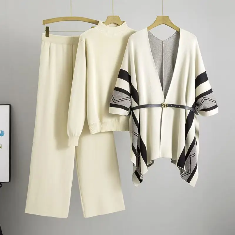 Knitted 3 Pieces Set Women Stripe Shawl + Half High Neck Full Sleeve Top + Wide Leg Trousers Fashion Style Suit
Knitted 3 Pieces Set Women Stripe Shawl + Half High Neck Full Sleeve Top + Wide Leg Trousers Fashion Style Suit