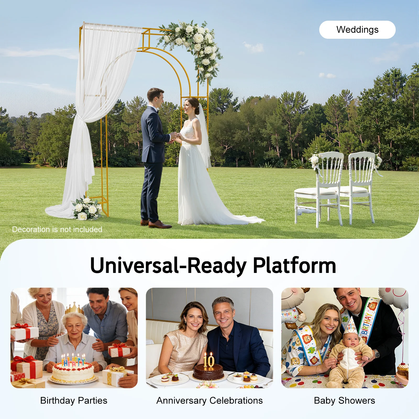 Gold 8.2ft High Wedding Arch Backdrop Stand Outer Square & Inner Arch Carbon Steel Frame for Ceremony/Birthday/Baby Shower/Party Decoration
Gold 8.2ft High Wedding Arch Backdrop Stand Outer Square & Inner Arch Carbon Steel Frame for Ceremony/Birthday/Baby Shower/Party Decoration
