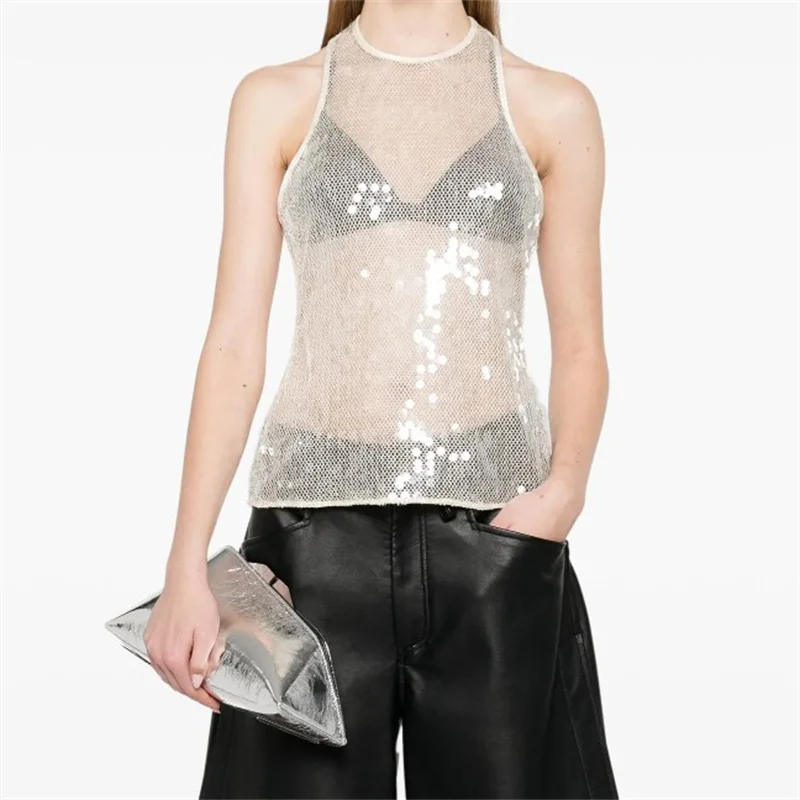 Women's vest New high-quality sequin blended sleeveless top for summer 2025 sexy perspective Women's corset y2k Women's T-shirt
Women's vest New high-quality sequin blended sleeveless top for summer 2025 sexy perspective Women's corset y2k Women's T-shirt