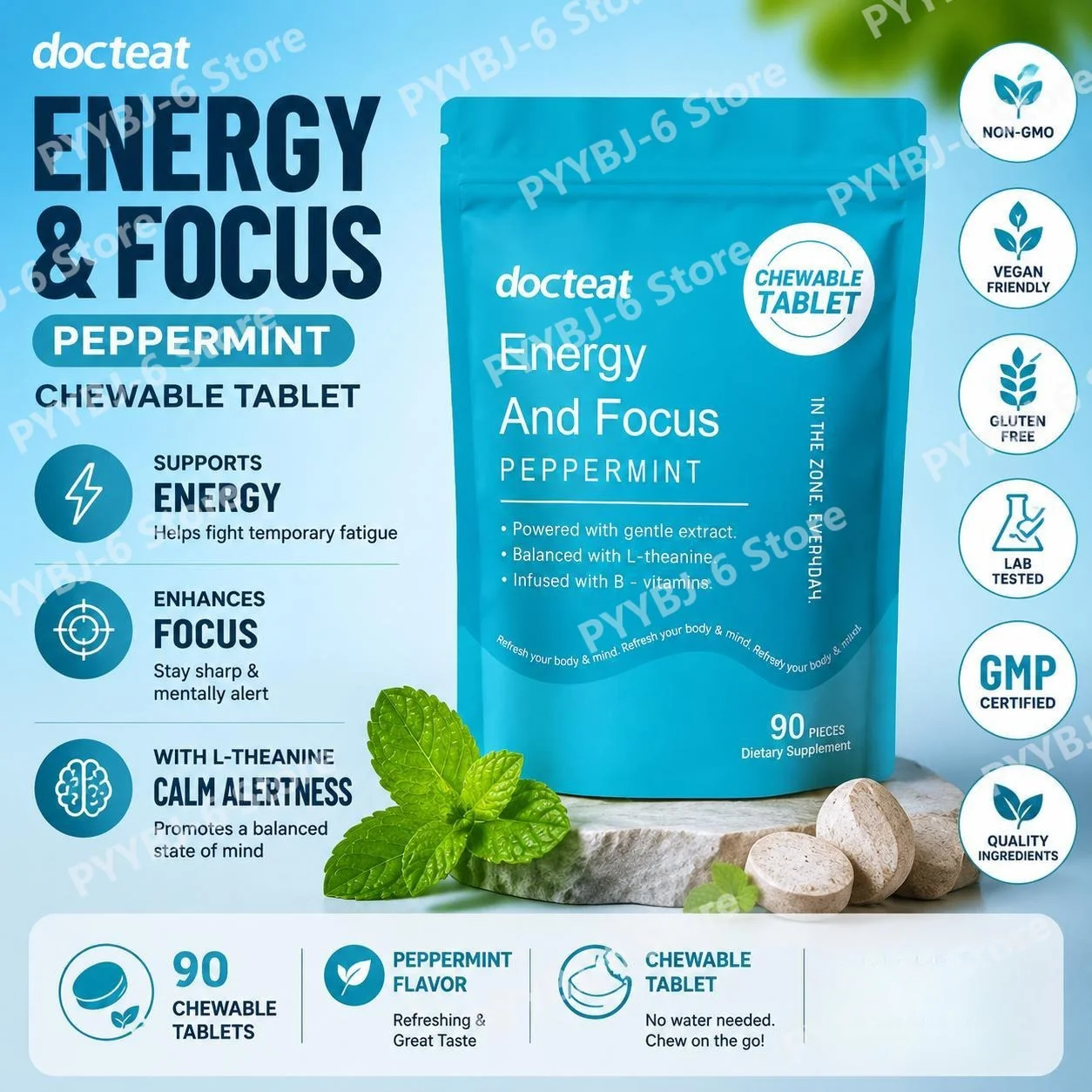 Docteat Peppermint Energy & Focus Chewable Tablets with L-Theanine and B Vitamins for Daily Vitality Support, 90 Tablets
Docteat Peppermint Energy & Focus Chewable Tablets with L-Theanine and B Vitamins for Daily Vitality Support, 90 Tablets