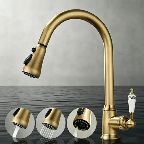 Gold Pull Out Kitchen Faucet Brass Antique Sink Faucet Mixer Tap 360 Degree Rotation Torneira Cozinha Mixer Taps Kitchen Tap