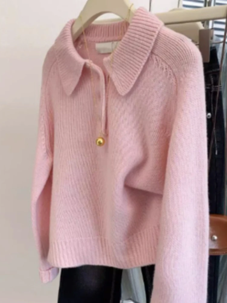 Sweet Pink Turn-down Collar Pullovers Long Sleeved Knitted Sweater Autumn New Solid Color Casual Versatile Knit Tops
Sweet Pink Turn-down Collar Pullovers Long Sleeved Knitted Sweater Autumn New Solid Color Casual Versatile Knit Tops