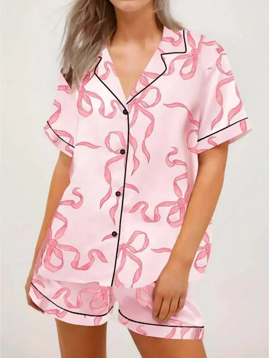 Womens Bow Print Pajama Set Short Sleeve Top And Shorts Loungewear Nightwear
Womens Bow Print Pajama Set Short Sleeve Top And Shorts Loungewear Nightwear