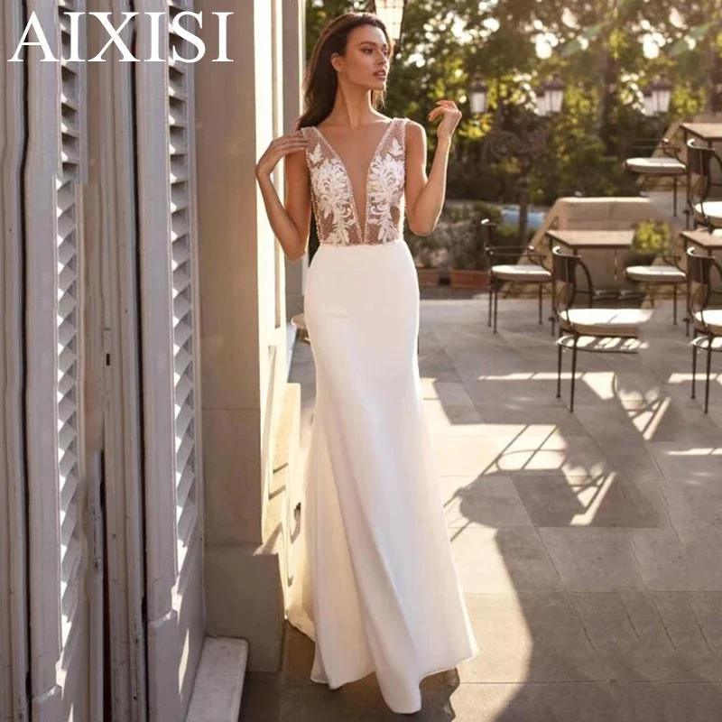 Luxury Lace Appliques Wedding Dress Vestidos De Novia Robe De Mariee Mermaid V-Neck Sleeveless zipper Back. BacklessBlack
Luxury Lace Appliques Wedding Dress Vestidos De Novia Robe De Mariee Mermaid V-Neck Sleeveless zipper Back. BacklessBlack