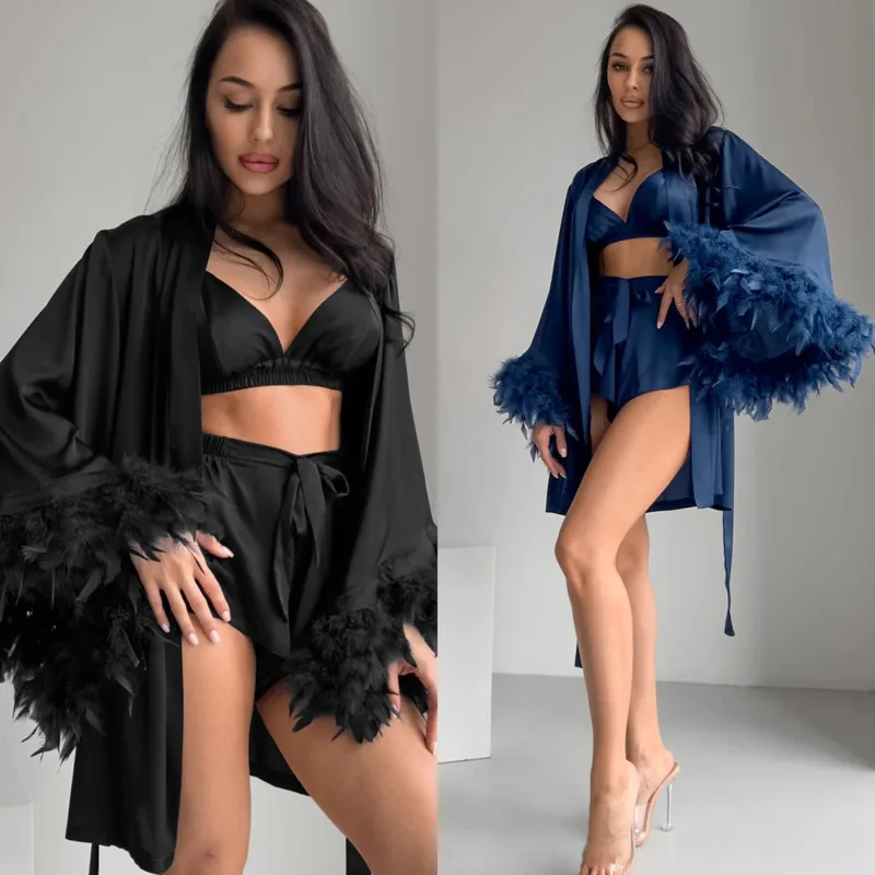 2025 Feather Trim Pajama Set Sexy Satin Loungewear Three Piece Sleepwear With Shorts Robe And Bralette Soft Nightwear For Women 
2025 Feather Trim Pajama Set Sexy Satin Loungewear Three Piece Sleepwear With Shorts Robe And Bralette Soft Nightwear For Women