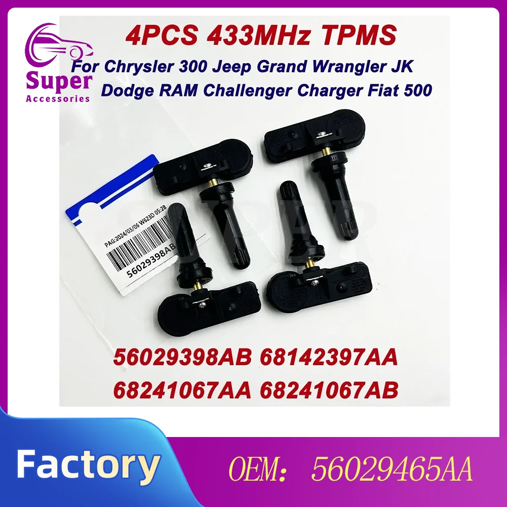 4pcs TPMS 433MHz 56029398AB Tire Pressure Sensor For Jeep Wrangler Grand Cherokee Charger Dodge 68142397AA 68241067AA 68241067AB
4pcs TPMS 433MHz 56029398AB Tire Pressure Sensor For Jeep Wrangler Grand Cherokee Charger Dodge 68142397AA 68241067AA 68241067AB