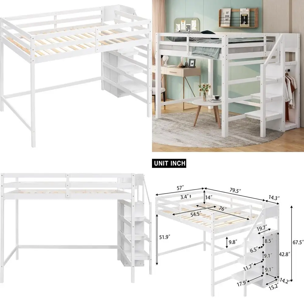 White Full Size Wooden Loft Bed with Staircase, Wardrobe, and Storage for Kids' Bedroom
White Full Size Wooden Loft Bed with Staircase, Wardrobe, and Storage for Kids' Bedroom