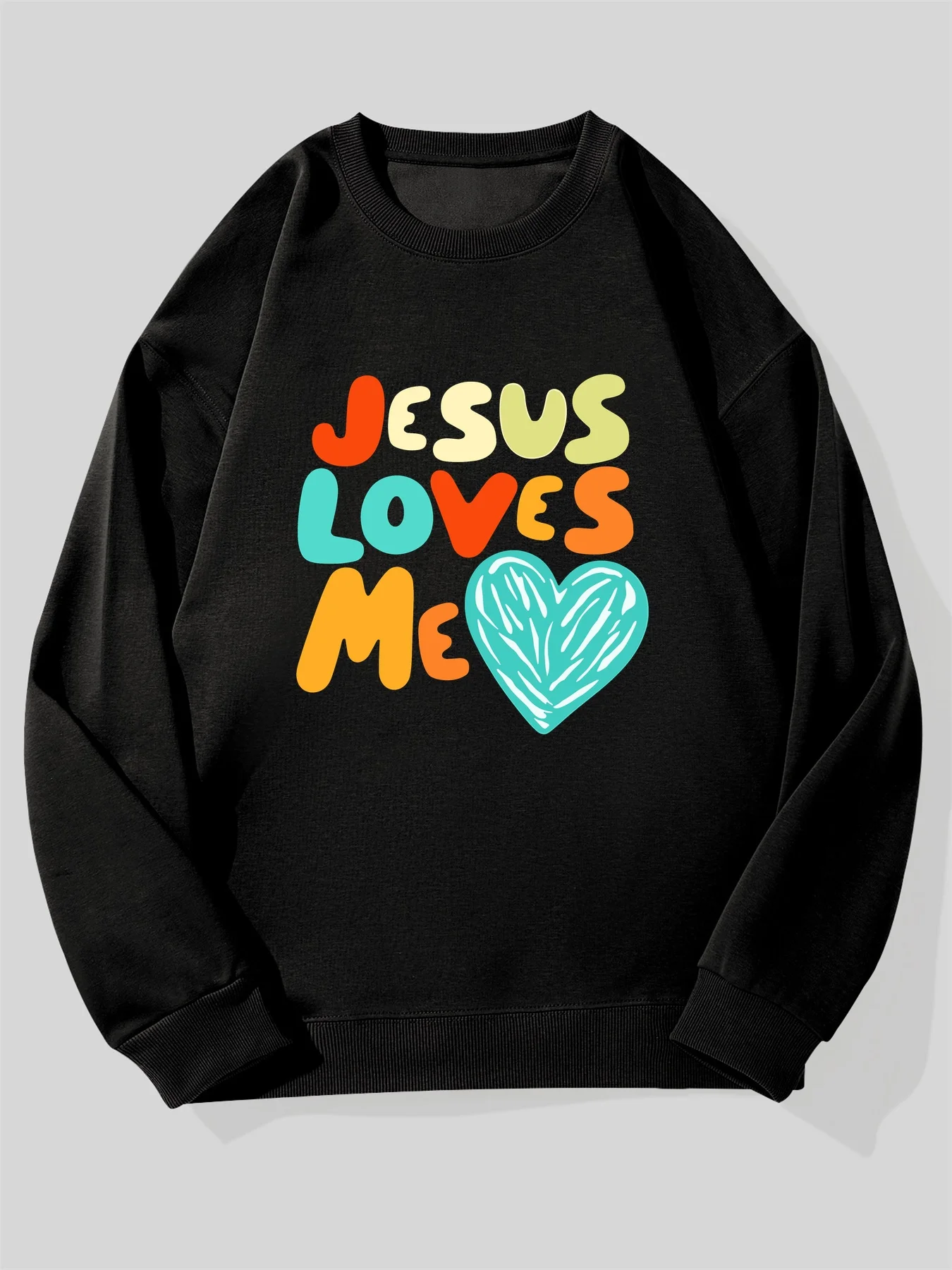 Men's Jesus Loves Me Christian Sweatshirt - Black with Multicolor Bible Verse Print & Heart Symbol, Loose Fit Casual Pullover
Men's Jesus Loves Me Christian Sweatshirt - Black with Multicolor Bible Verse Print & Heart Symbol, Loose Fit Casual Pullover