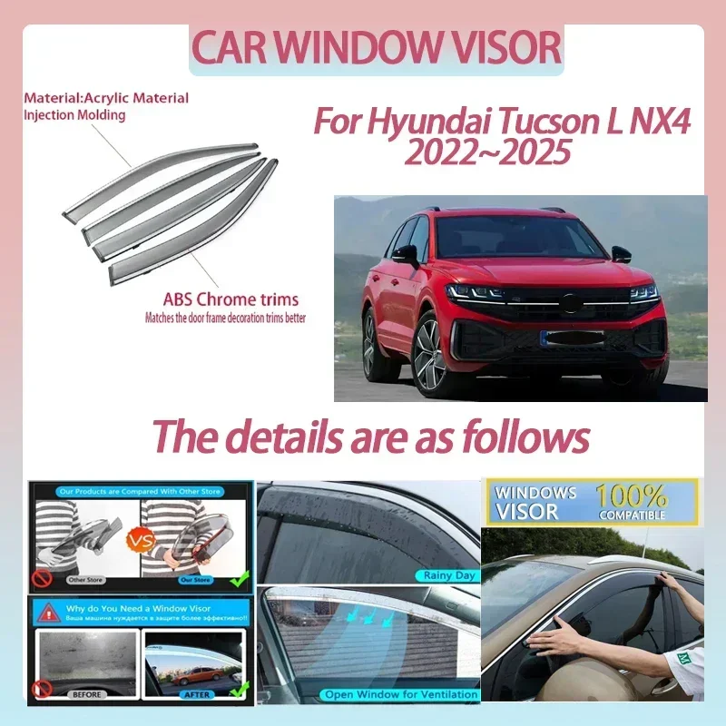 Автомобильный оконный козырек для Hyundai Tucson L NX4 2022 ~ 2025, дефлектор, защита от дождя, защита от ветра, защита от солнца и дождя, автоаксессуары
Автомобильный оконный козырек для Hyundai Tucson L NX4 2022 ~ 2025, дефлектор, защита от дождя, защита от ветра, защита от солнца и дождя, автоаксессуары