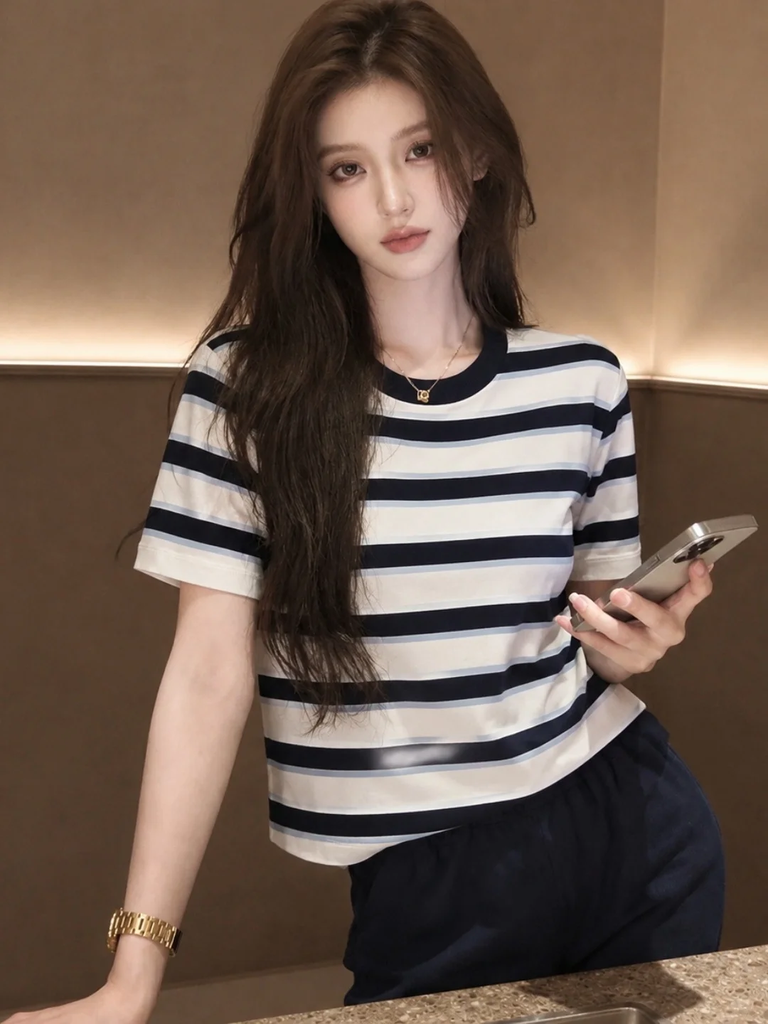 Summer Trendy Short Sleeve Knitted T-Shirt Color Block Stripe Design Casual Lazy Style Top Women's plus Size Korean Style Loo...
Summer Trendy Short Sleeve Knitted T-Shirt Color Block Stripe Design Casual Lazy Style Top Women's plus Size Korean Style Loo...