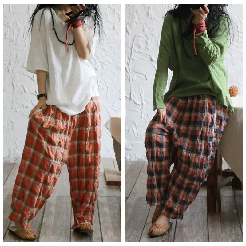 2025 New Arrival Spring/summer Women High Waist Cotton Linen Ankle-length Pants Casual Loose Elastic Waist Plaid Harem Pants Y62
2025 New Arrival Spring/summer Women High Waist Cotton Linen Ankle-length Pants Casual Loose Elastic Waist Plaid Harem Pants Y62