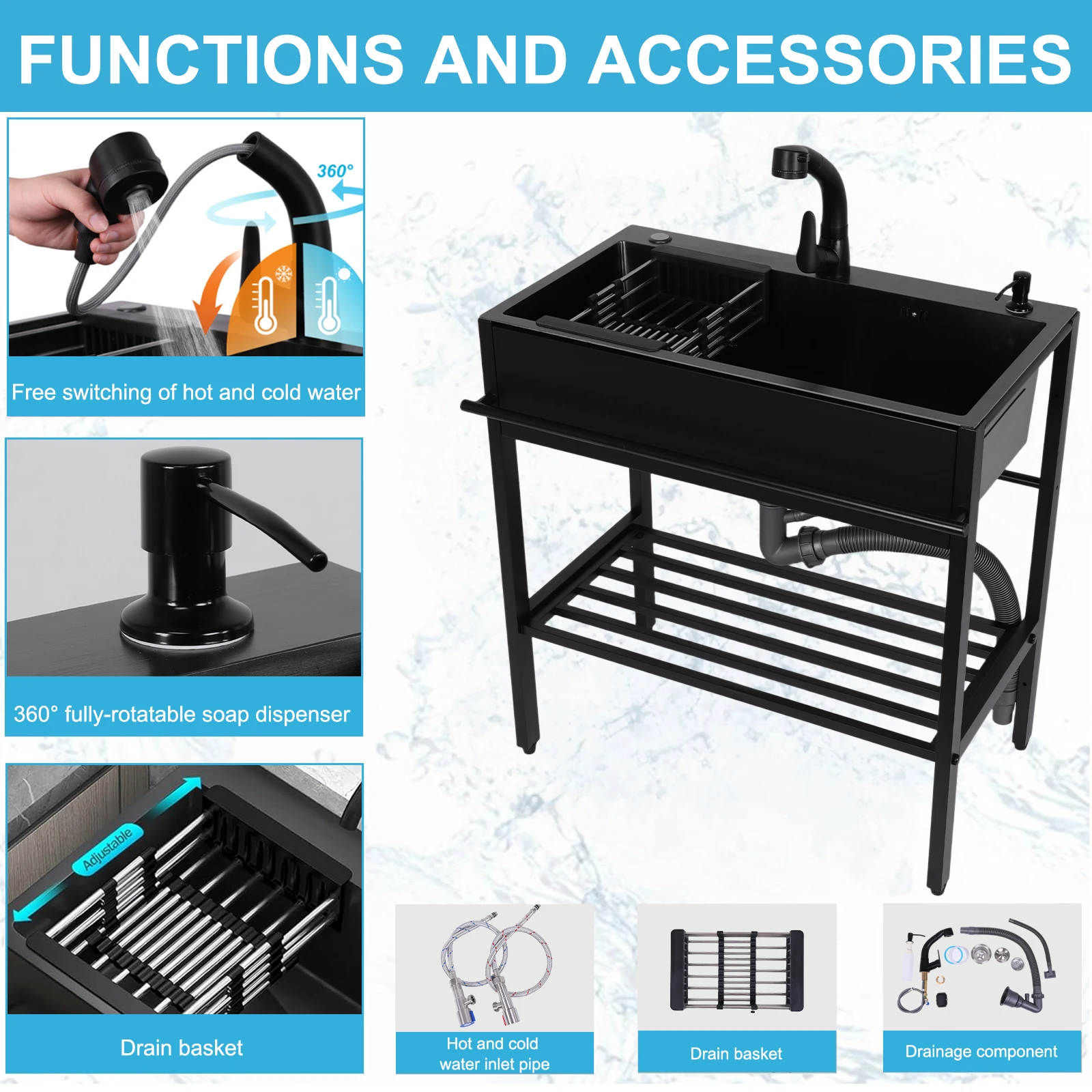 Single Bowl Kitchen Sink with Cold & Hot Water Faucet Hoses and Drain Kit Stainless Steel Sink for Kitchens Laundry Room Garage
Single Bowl Kitchen Sink with Cold & Hot Water Faucet Hoses and Drain Kit Stainless Steel Sink for Kitchens Laundry Room Garage