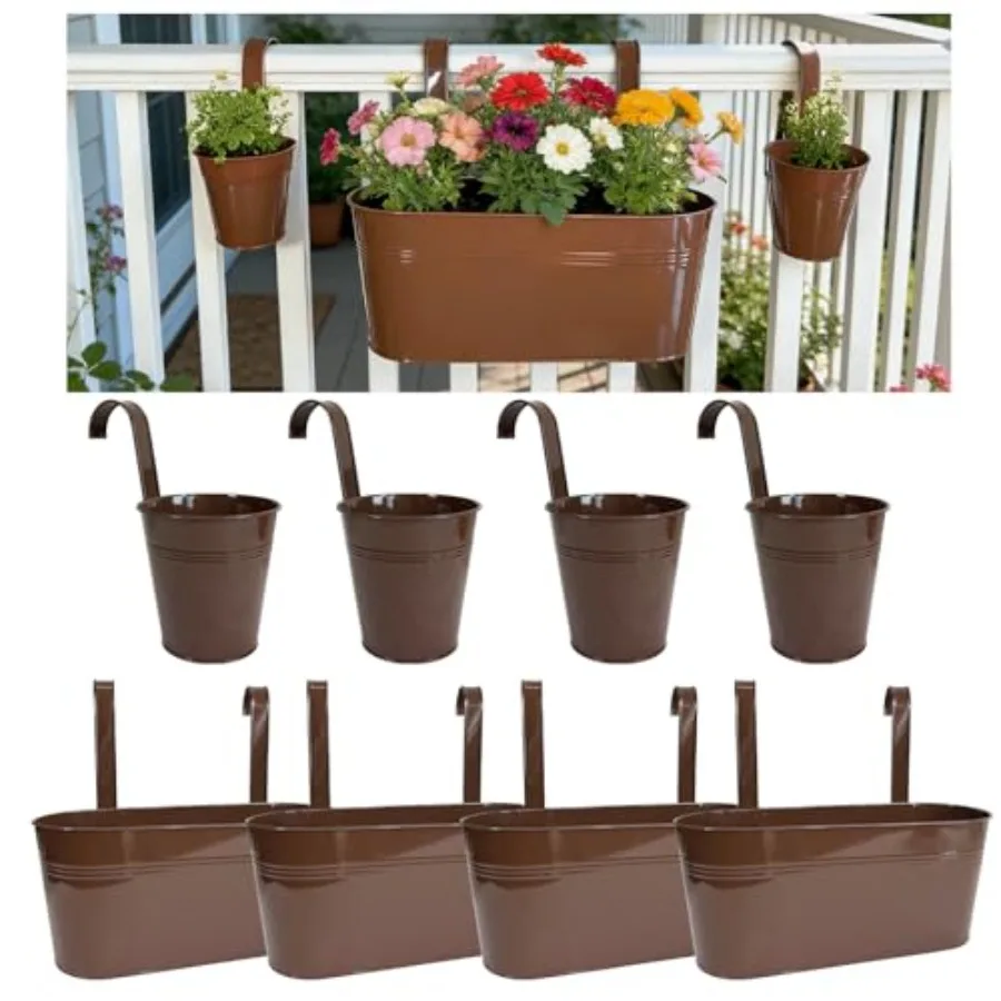 Set of 8 Outdoor Metal Railing Planters Box - 4 Pcs 5.12" Round Balcony Hanging Planter and 4 Pcs 17" Oval Fence Pot with Detac
Set of 8 Outdoor Metal Railing Planters Box - 4 Pcs 5.12" Round Balcony Hanging Planter and 4 Pcs 17" Oval Fence Pot with Detac