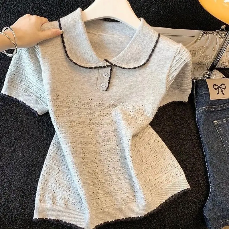 Doll Collar Short-sleeved Hook-up Hollow New Summer Top Women's T-shirt
Doll Collar Short-sleeved Hook-up Hollow New Summer Top Women's T-shirt