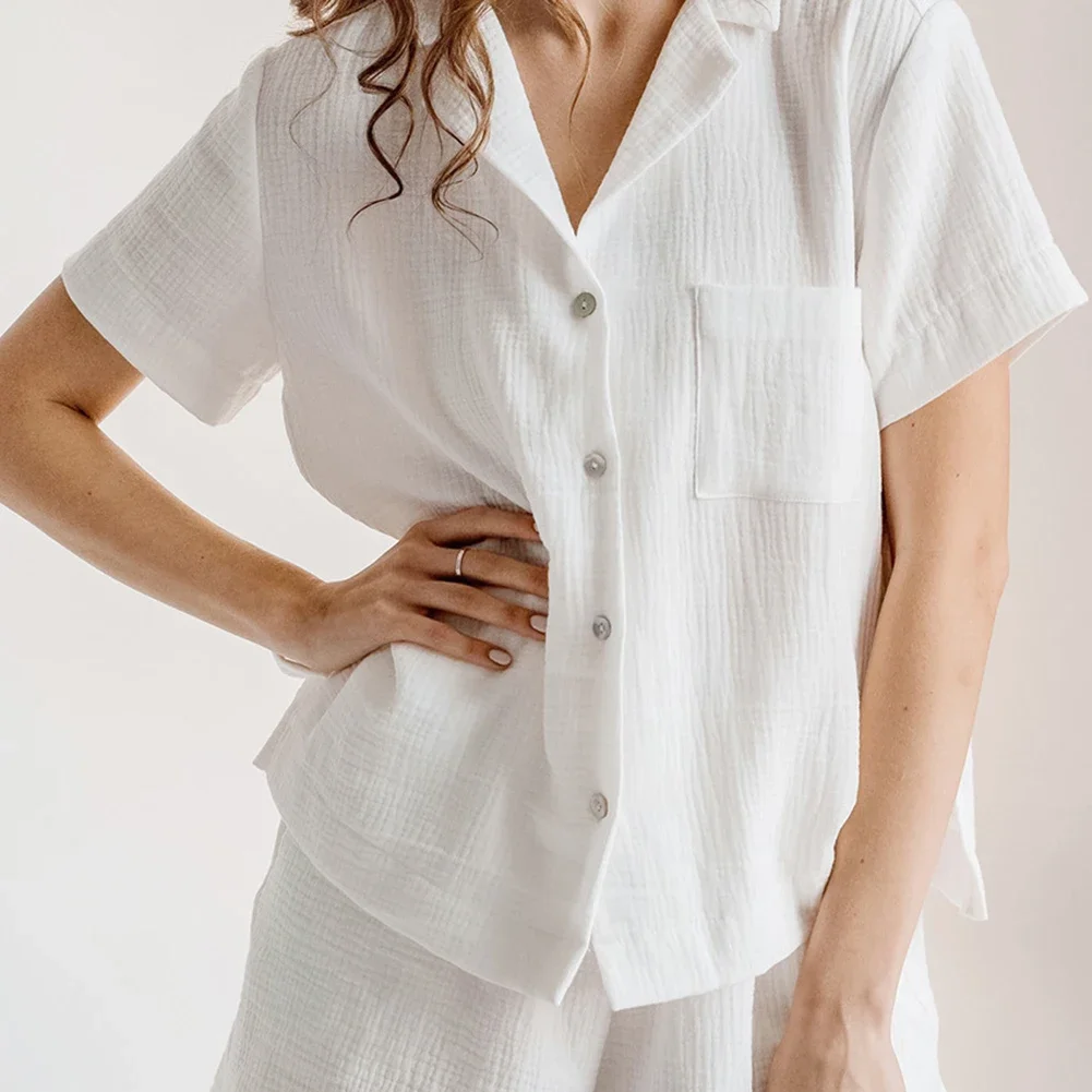 Womens Casual Lapel Short Sleeves Shorts Pajamas Solid Color Simple Home Clothes
Womens Casual Lapel Short Sleeves Shorts Pajamas Solid Color Simple Home Clothes