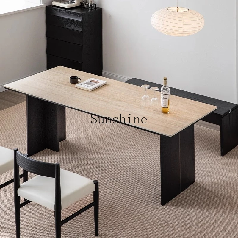 Italian minimalist travertine rock slab dining table household small apartment black solid wood antique workbench
Italian minimalist travertine rock slab dining table household small apartment black solid wood antique workbench