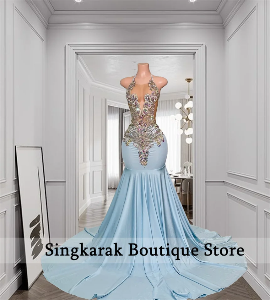 Sky Blue Mermaid Crystal Prom Dresses Long for Women 2026 Beaded Diamond Halter Formal Evening Gowns Customized
Sky Blue Mermaid Crystal Prom Dresses Long for Women 2026 Beaded Diamond Halter Formal Evening Gowns Customized