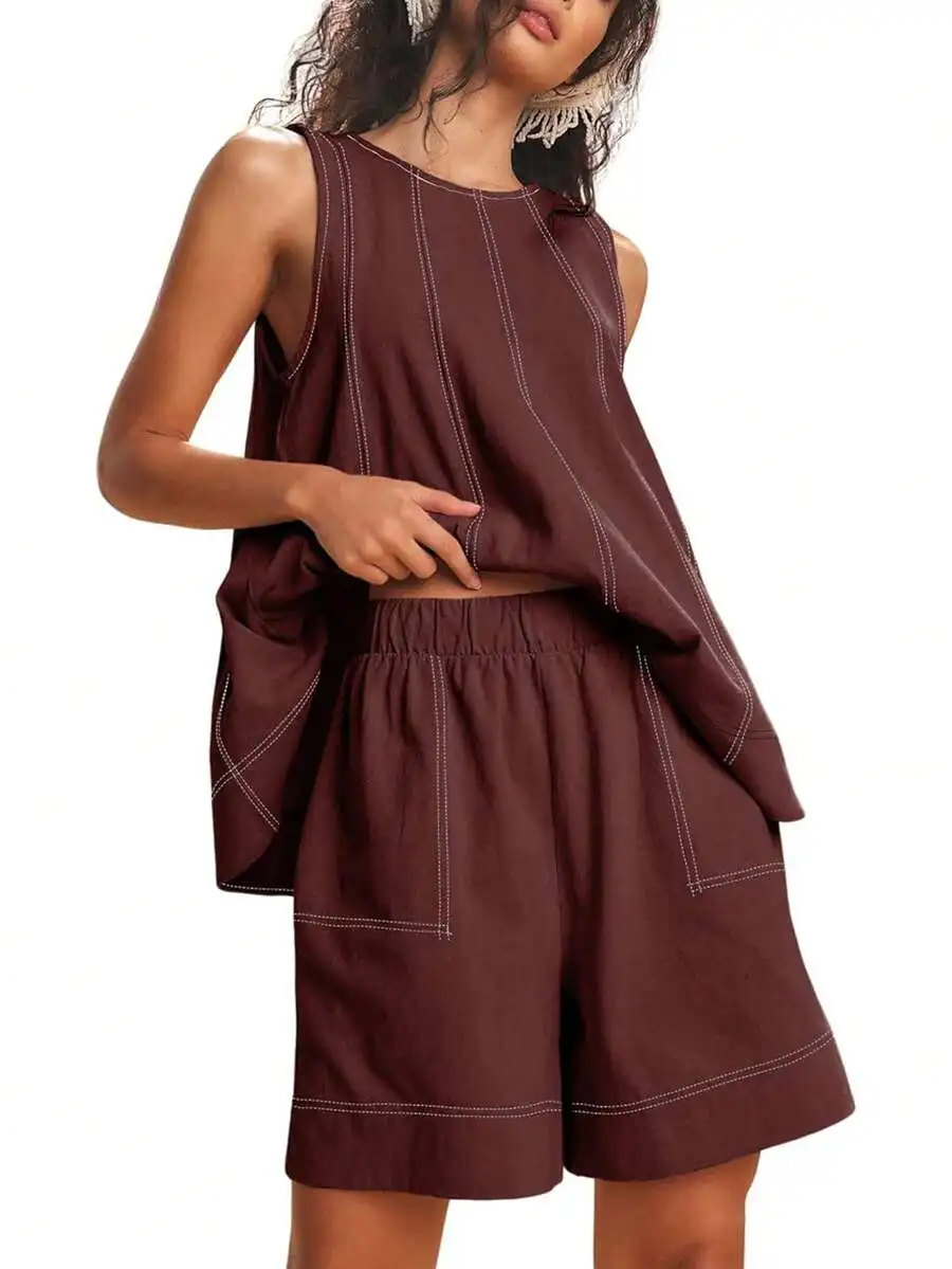 Womens Sleeveless Matching Set With Contrast Stitching High Waist Shorts And Tank Top
Womens Sleeveless Matching Set With Contrast Stitching High Waist Shorts And Tank Top