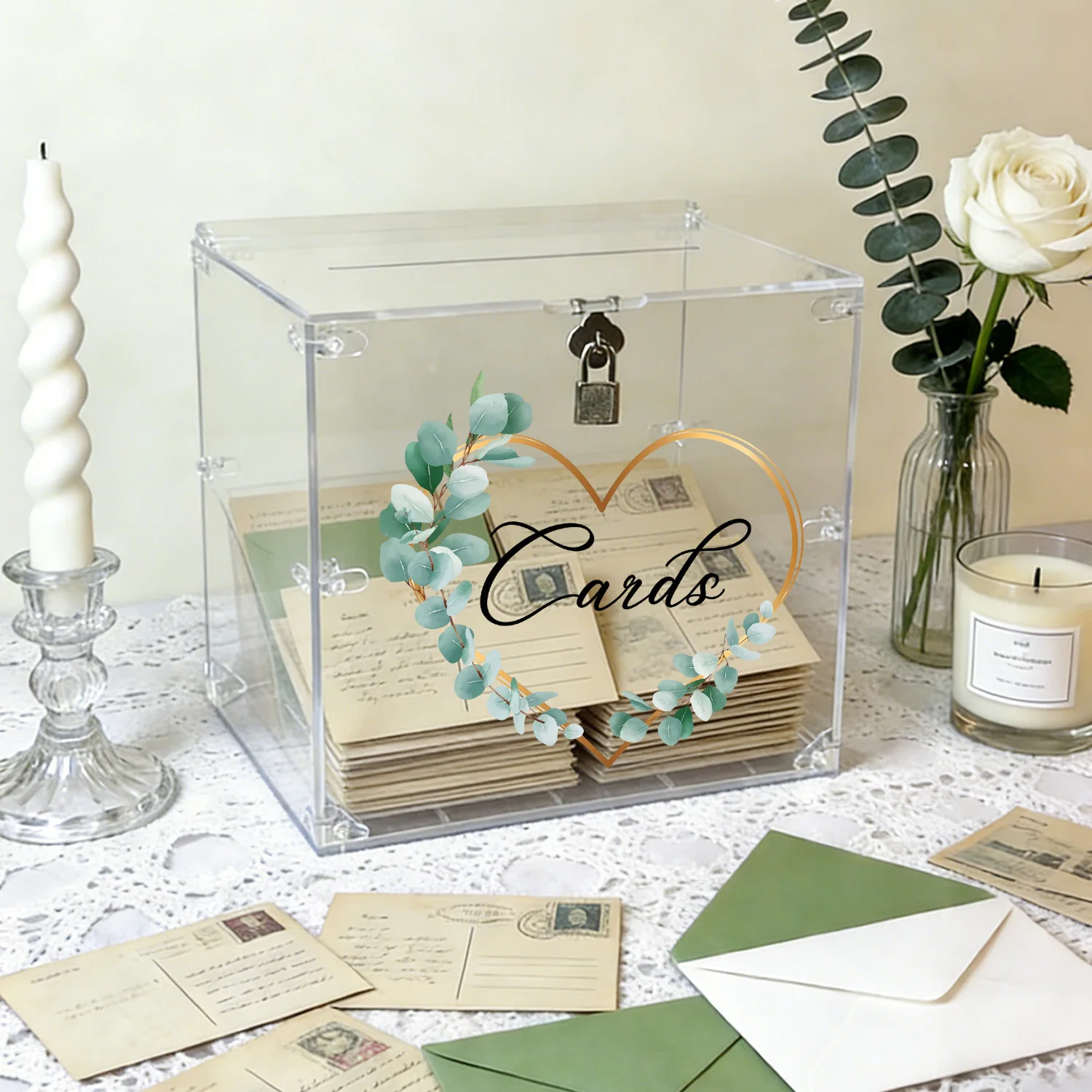 Acrylic Wedding Card Boxes with Lock, Gold Heart Eucalyptus Cards, Card Boxes for Wedding Reception, Party, Baby Shower Birthday
Acrylic Wedding Card Boxes with Lock, Gold Heart Eucalyptus Cards, Card Boxes for Wedding Reception, Party, Baby Shower Birthday