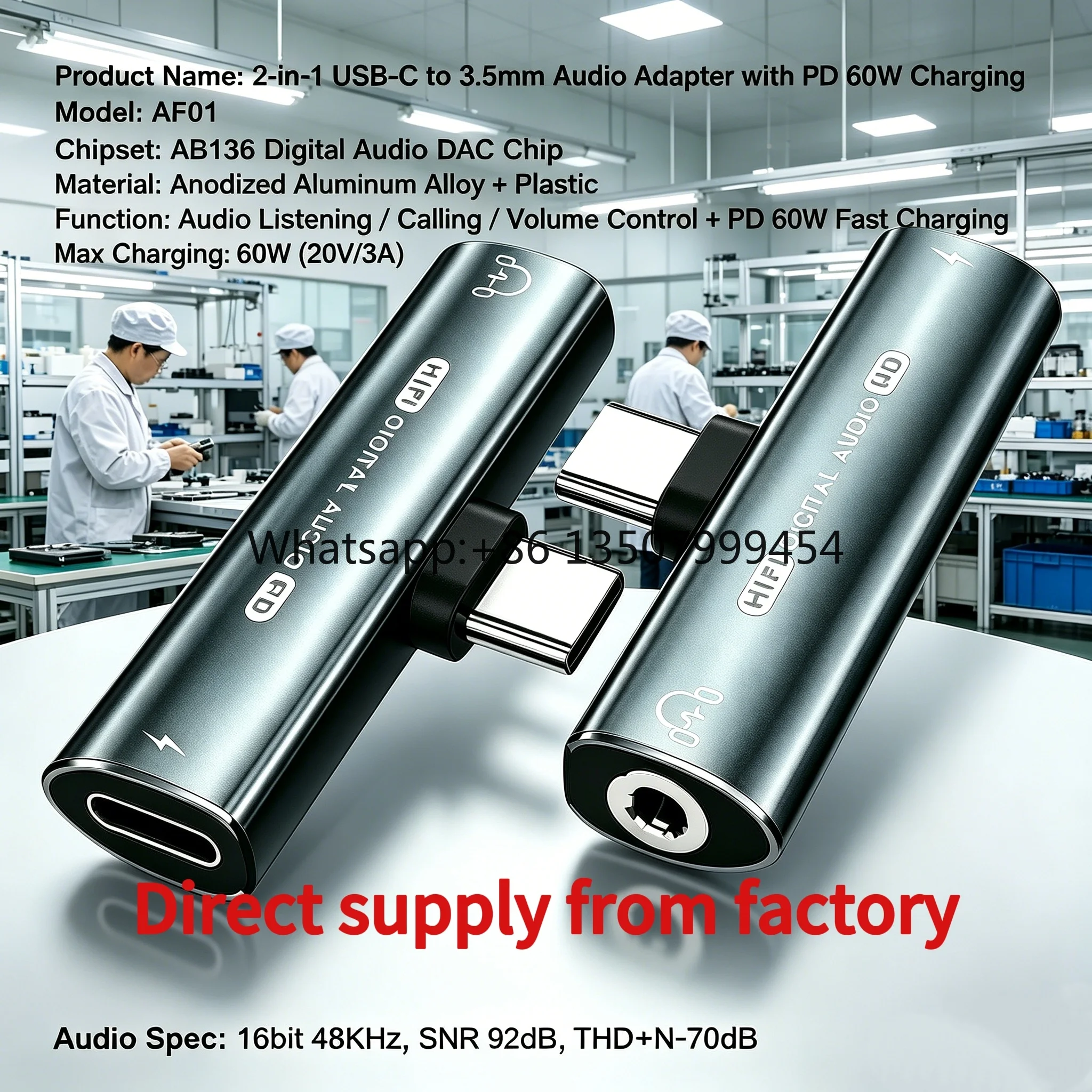 High Quality Type-C Male Splitter 3.5mm Earphone Port + USB-C PD Charging Adapter,AB136 Chip SNR 92dB Low Defect Rate ,Wholesale
High Quality Type-C Male Splitter 3.5mm Earphone Port + USB-C PD Charging Adapter,AB136 Chip SNR 92dB Low Defect Rate ,Wholesale