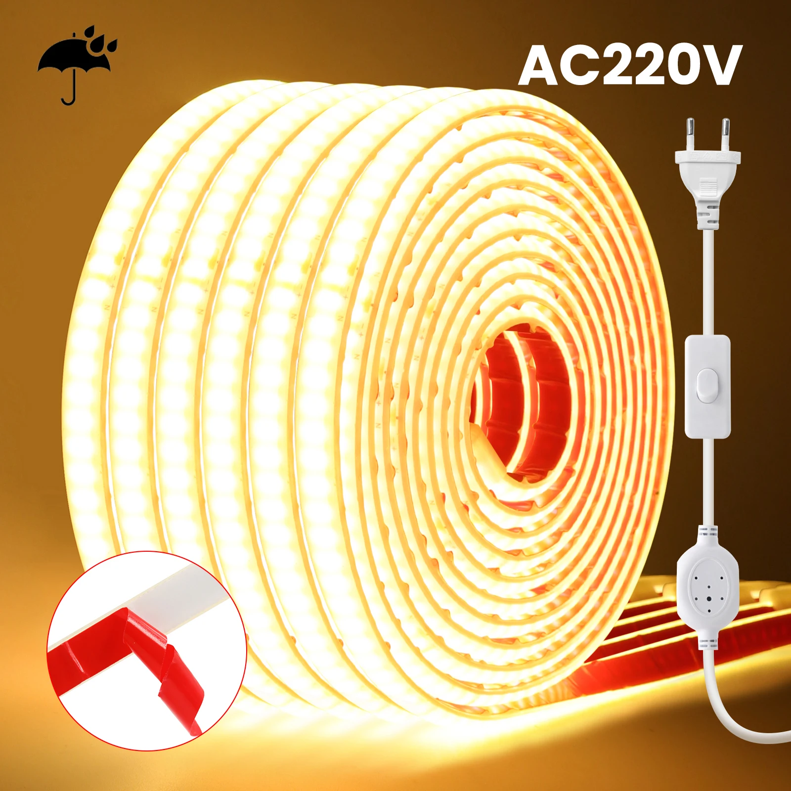 IP67 Waterproof AC 220V COB Strip 240Leds/M 3000K 4000K 6000K Home Decor Self Adhesive Tape Flexible Ribbon Strip Light
IP67 Waterproof AC 220V COB Strip 240Leds/M 3000K 4000K 6000K Home Decor Self Adhesive Tape Flexible Ribbon Strip Light
