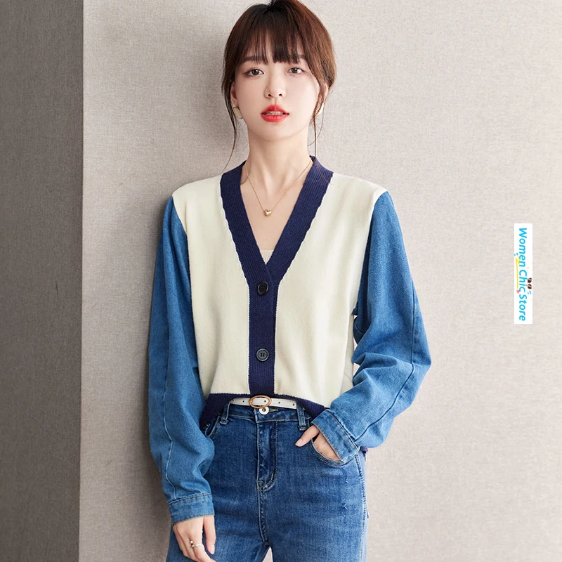 Knitted Spliced Denim Coat Cardigan Women Tops Long Sleeve V-neck Chic Loose Fit Korean Style Casual Jacket Outerwear Lady A2829
Knitted Spliced Denim Coat Cardigan Women Tops Long Sleeve V-neck Chic Loose Fit Korean Style Casual Jacket Outerwear Lady A2829