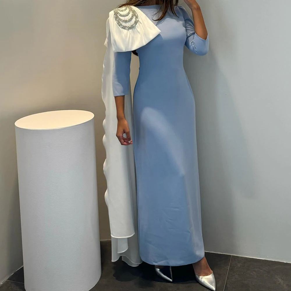 Fashion O-neck Jersey 3/4 Sleeves Straight Evening Dress Contrast Color Watteau Train Pleats Crystal Photo Color Floor Length
Fashion O-neck Jersey 3/4 Sleeves Straight Evening Dress Contrast Color Watteau Train Pleats Crystal Photo Color Floor Length