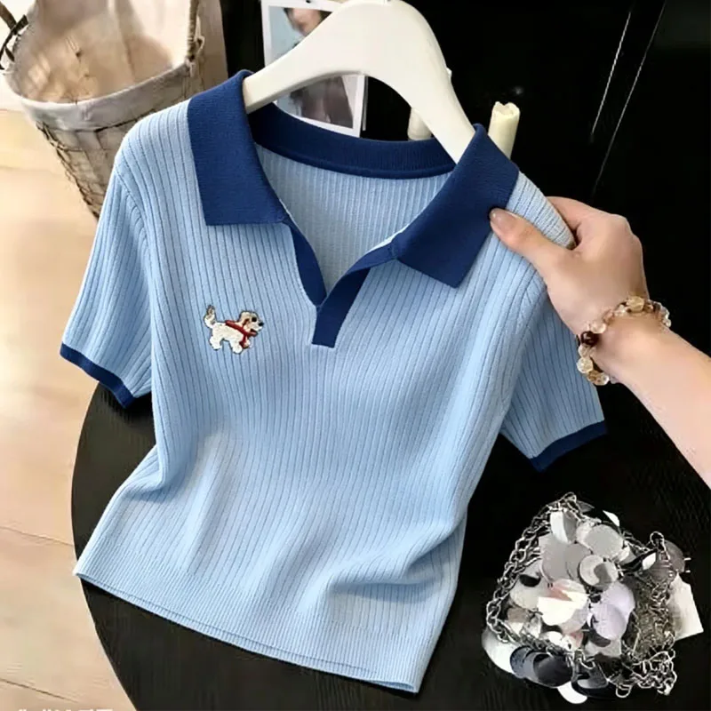 Knitted Sweater Women Pullovers New Turn Down Collar Short Sleeve Embroidery Knit Sweater Pullover Women Tops Knitwears Q4240
Knitted Sweater Women Pullovers New Turn Down Collar Short Sleeve Embroidery Knit Sweater Pullover Women Tops Knitwears Q4240