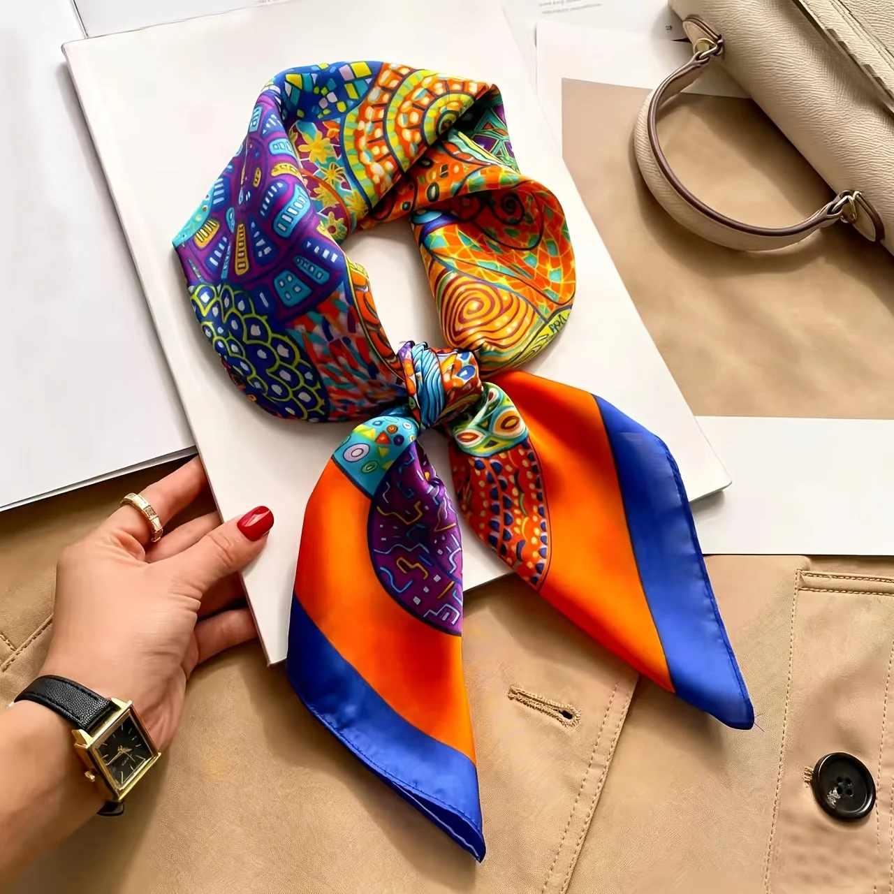 Bohemian Style Colorful Pattern Square Scarf, Multi-Functional Use as Headscarf, Neck Scarf, or Shawl, Satin y Material, Ideal for Holiday Gifting, Daily Outings, and Essential Fashion Accessory
Bohemian Style Colorful Pattern Square Scarf, Multi-Functional Use as Headscarf, Neck Scarf, or Shawl, Satin y Material, Ideal for Holiday Gifting, Daily Outings, and Essential Fashion Accessory